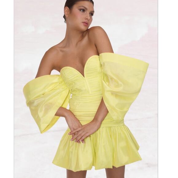 HELEN O’CONNOR Plisse Pleat Oversized Puff off the Shoulder Mini Dress Small NEW - Picture 1 of 7